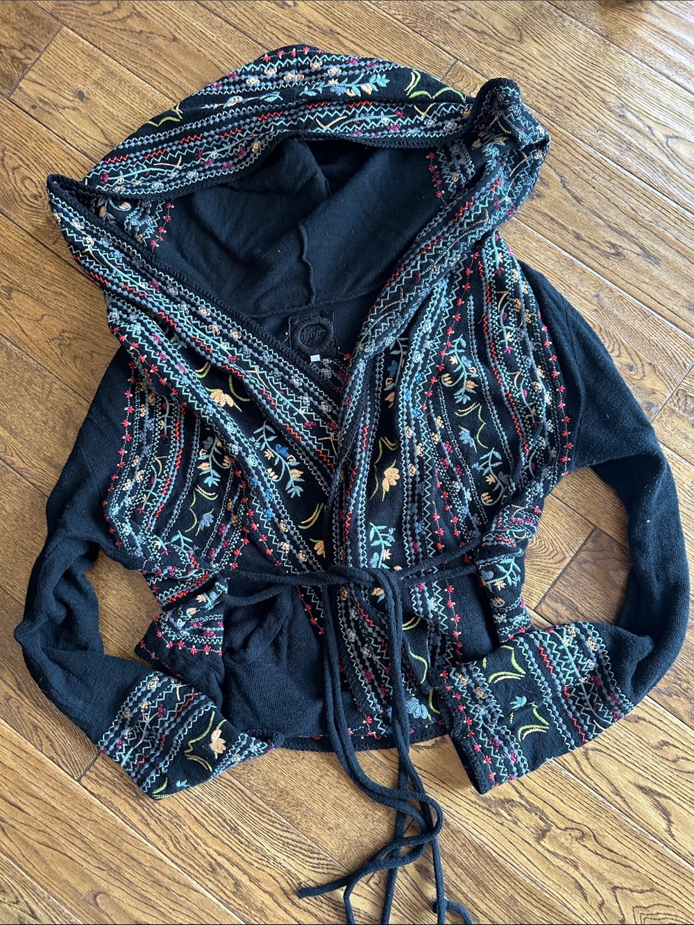 Biya Johnny Was Black Embroidered Hooded Cardigan with Tie Waist small